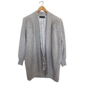 Vintage Lee Sands Angora Rabbit Open Cardigan One Size Gray Silver Embellished